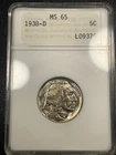 1938-D Buffalo Nickel 5c Rare Early ANACS ANA Holder MS65
