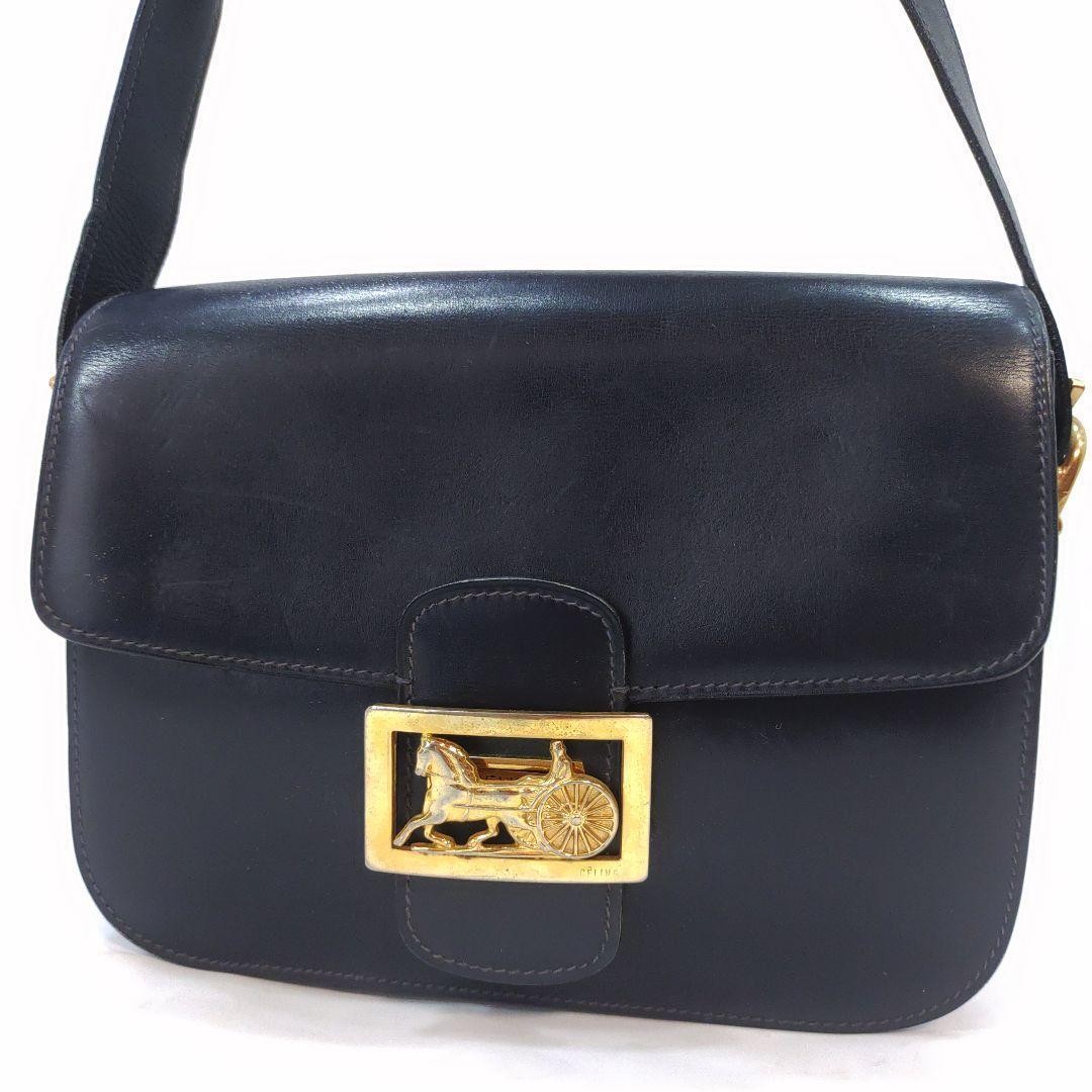 Celine Black Leather Horse Carriage Shoulder Bag Authentic I0719782