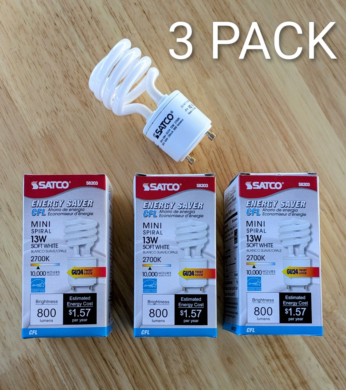 3 PACK Satco S8203 13W 2 Pin GU24 Base Mini Spiral CFL Light