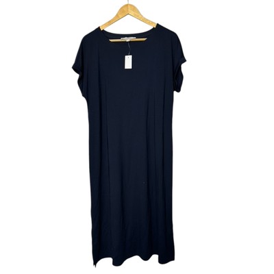 Ann Taylor Loft Navy Blue Cuffed Short Sleeve Midi Shirt Dress Women's Large NEW