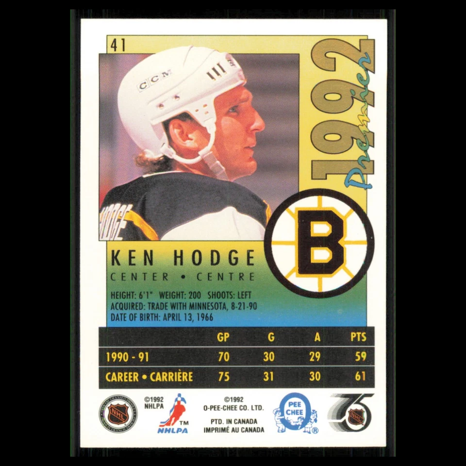 Ken Hodge #41 1991 O-Pee-Chee Premier Boston Bruins Hockey Card NHL NM - Image 2 of 3