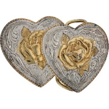 Silver P Twin Hearts Heart Rose Western Wedding Anniversary Vintage Belt Buckle