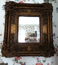 Antique Baroque Rococo Style Gold Gilt Wood & Gesso Deep Ornate Beveled Mirror