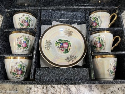 Vintage Yusui Courting Couple Demitasse Tea Set Gold Trim 12 pc in box Fragonard