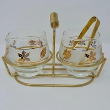 vtg LIBBY Gold Leaf MCM Sugar Creamer Caddy TONGS Starlyte Etched EUC