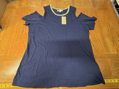 Michael Kors Navy Blue Cold-Shoulder Blouse With Gold Trim Neckline Sz 2X