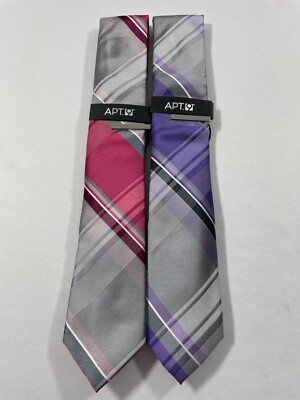 APT 9  BOBBY PLAID  PATTERNED SKINNY TIE WITH TIE BAR (PURPLE OR PINK)