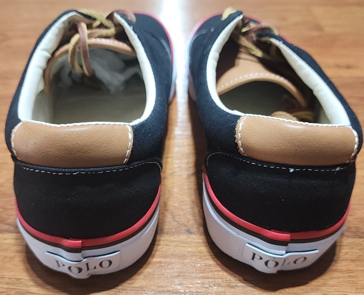 Nuove scarpe polo Ralph Lauren da uomo 9 5 nere rosse Keaton pony in pelle