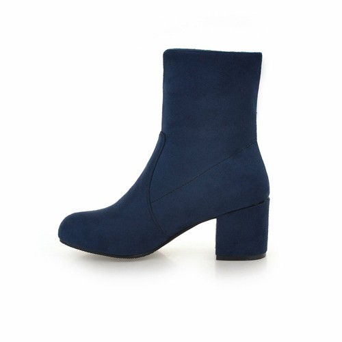 Women's Mid Block Heel Shoes Black/Blue/Brown Suede Fabric Round Toe Ankle Boots - Picture 6 of 31