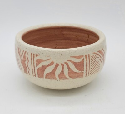 Vintage Handmade Studio Pottery Bowl Sun And Earth Speckled Cream Glaze ~Signed