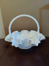 FENTON MILK GLASS CRIMPED RUFFLED HOBNAIL BASKET With Handle