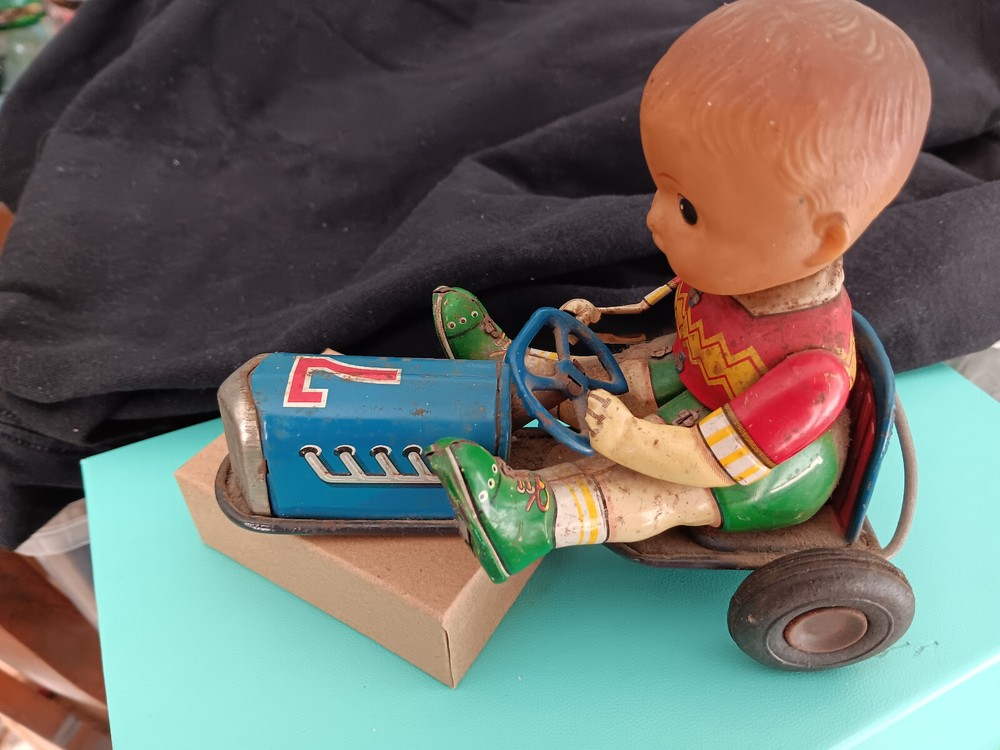 Vintage Rare Japanese TIN Number 7 Race Car With Boy Go Cart