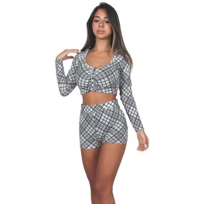 Colsie Women's Plaid 2-Piece Crop Top & Shorts Pajama Set Black Gray Medium NWOT