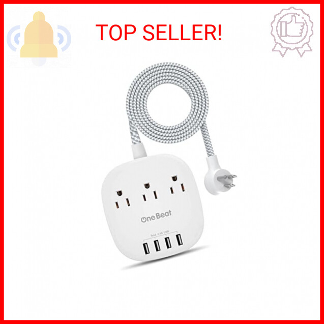 Desktop Power Strip with 3 Outlet 4 USB Ports 4.5A, Flat Plug and 5 ft Long Brai