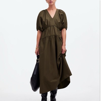 Madewell Puff-Sleeve Midi Dress in Poplin Faded Ivy Green XS NWT Cottagecore