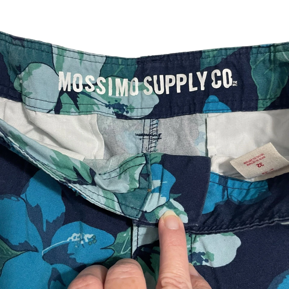 Pantalones Cortos Mossimo Para Hombre Talla 32 Azul Chino Hawaiano Floral Frente Plano 10" Entrepierna Foto 4 de 4