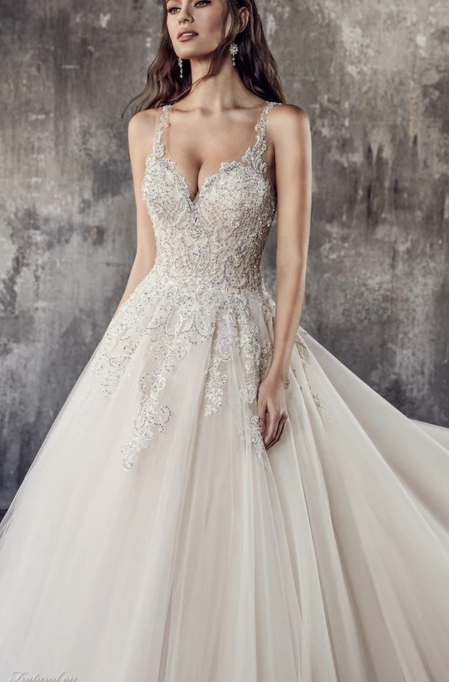 Vestido de novia de tul marfil champán con cuentas de encaje hecho a medida 2-28 W Foto 3 de 4