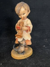 Ferrandiz Anri Figure The Trumpeter w/Cat & Bird by Master Woodcarver 6"
