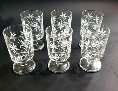 6 Vintage Luminarc Cavalier Floral Botanical Flower Etched Gläser Frankreich sehr guter Zustand