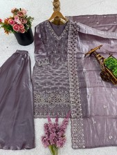 Embroidered silk kurta with palazzo and dupatta set for women festive wear