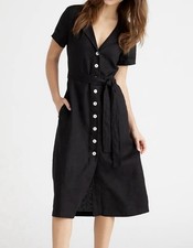 Quince Women's 100% European Linen Button Front Dress Black Size L