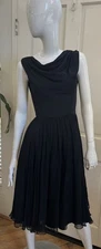 JOAN LESLIE VINTAGE 1960's! Black Silk Chiffon Sleeveless Fit n Flare Dress XS/S