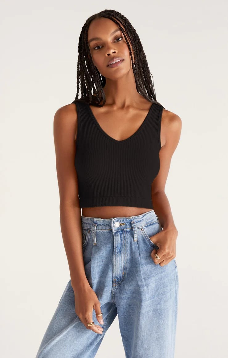 Rue 21 Black Ribbed V Neck Cropped Tank Top Women's Size Medium