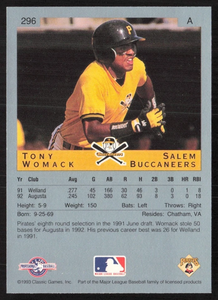 1993 Classic Best Tony Womack Salem Buccaneers #296 - Image 2 of 2