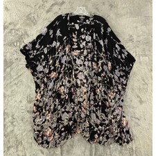 Angie Boho Floral Kimono Womens M/L Black Rayon Open Cardigan Wrap Duster