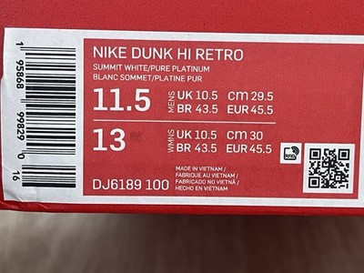 Nike Dunk HI Retro Summit White Weiß Pure Platinum 45,5 -
