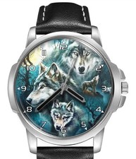 Wolf Staring Leather Strap Big Dial Gift Wrist Watch
