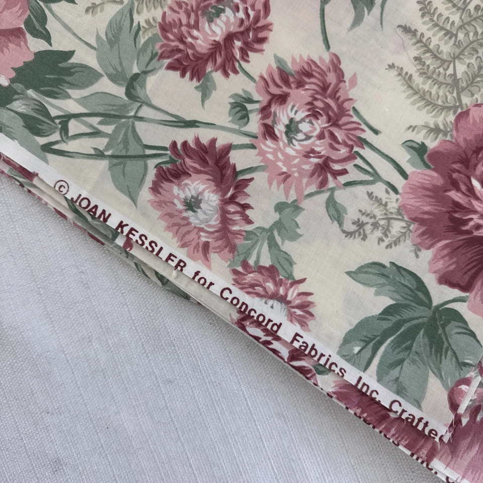 Joan Kessler Concord Fabric Ivory Pink Green Floral Cottage Roses 4 yd Remnant - Image 2 of 4