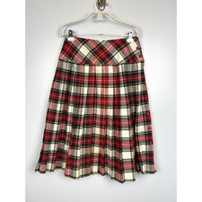 Vintage Red Plaid Pleated Midi Skirt Wool Blend Petite Size 16 Tartan Academia