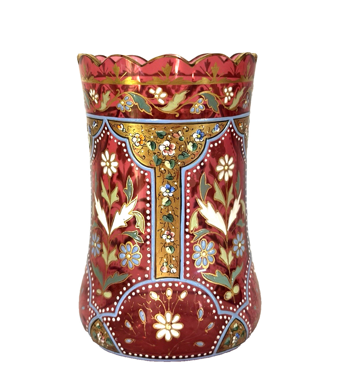 Small cranberry glass vase with hand-painted enamel flowers and gold trim.