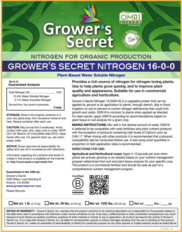 Grower's Secret Nitrogen 16-0-0 • Organic • Readily Available For Uptake • 2 Lb - Image 3 of 4