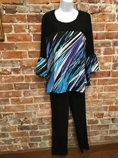 Slinky Brand 2pc Set Blue Multi Colorblock Travel Tunic & Pant Set M NEW