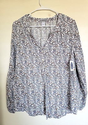 Old Navy Top Women L Long Sleeve Smocked Peasant Micro Flower Boho NEW