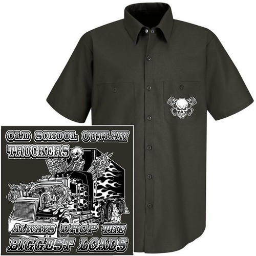 OLD SCHOOL OUTLAW TRUCKER TRAKTOR ANHÄNGER SEMI 18 WHEELER FAHRER SKULL WORKSHIRT - Bild 1 von 12