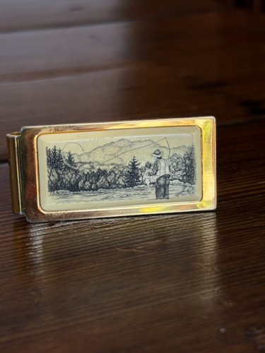 Barlow Gold Tone Fly Fishing Money Clip Carving Faux Scrimshaw Vintage Dry Fly