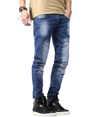 Mens Denim BIKER JEANS Stretch Fashion Pants Zipper Ripped Slim Fit Casual - Picture 74 of 136