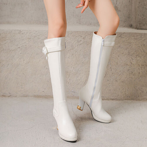 Retro Western British Mujeres Botas Hasta la Rodilla Caballero Montar Bloque Tacones Cremallera Talla - Imagen 20 de 26