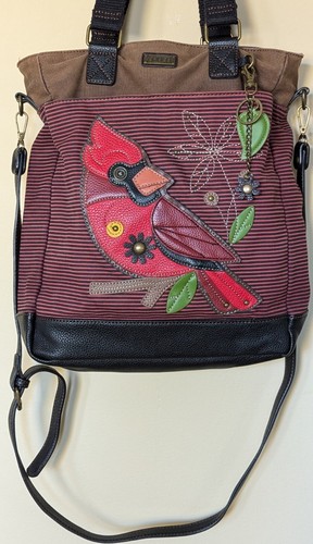 CHALA Cardinal Bird Canvas Zip Tote Purse Shoulder Bag Crossbody Red Blk Stripe - Picture 2 of 17