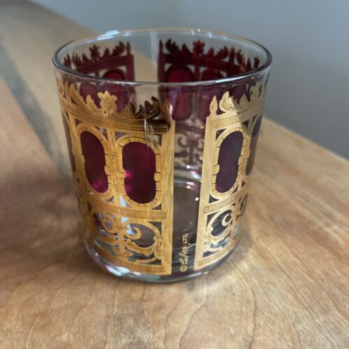 ONE Culver Double Rocks Glass Purple Cranberry Scroll 24K Gold Maximalist MCM - Picture 2 of 4