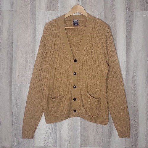 John Blair Mens Vintage Cardigan Med Reg Camel Button Front Cable Knit Grandpa