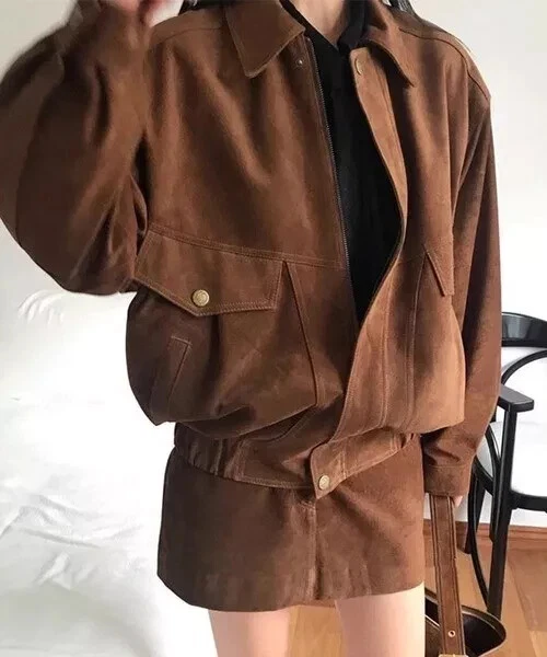 Brown Suede Bomber Leather Jacket Women Size XS S M L XL XXL 3XL Custom Made - Image 4 of 4