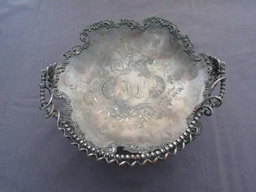 Antique Ornate Silver Plated Handled Serving Pedestal Bowl 10" Monogrammed - Picture 4 of 10