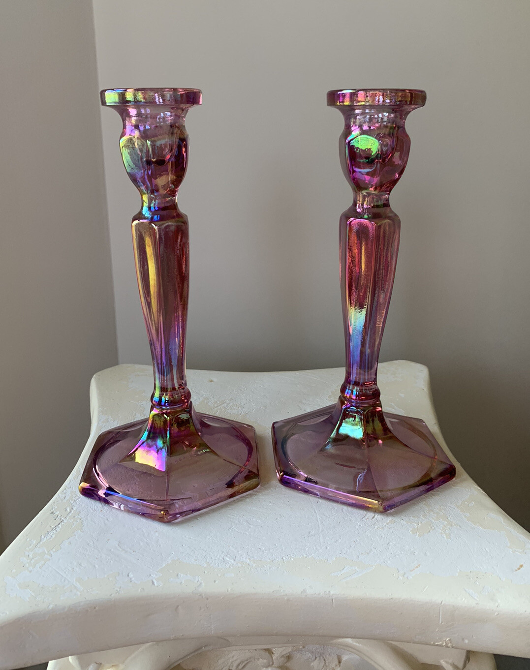 Vintage Fenton Iridescent Pink Glass Tall Candlesticks Pair Candle