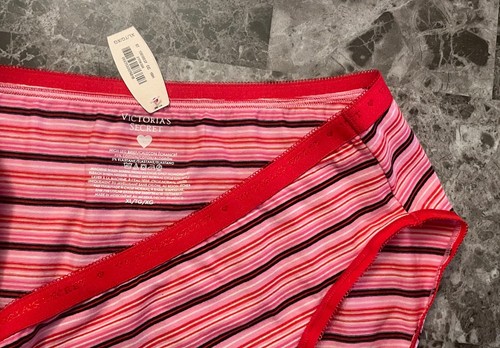 VICTORIA'S SECRET XL RED PINK STRIPE PICOT VINTAGE RARE HIGH LEG BRIEF PANTIES - Picture 2 of 3