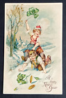 <!--F#f_0-->Kids Playing Horse Happy New Year Postcard c1908 Embossed Clovers Coins Germany<!--F/-->