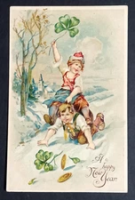 Kids Playing Horse Happy New Year Postcard c1908 Embossed Clovers Coins Germany